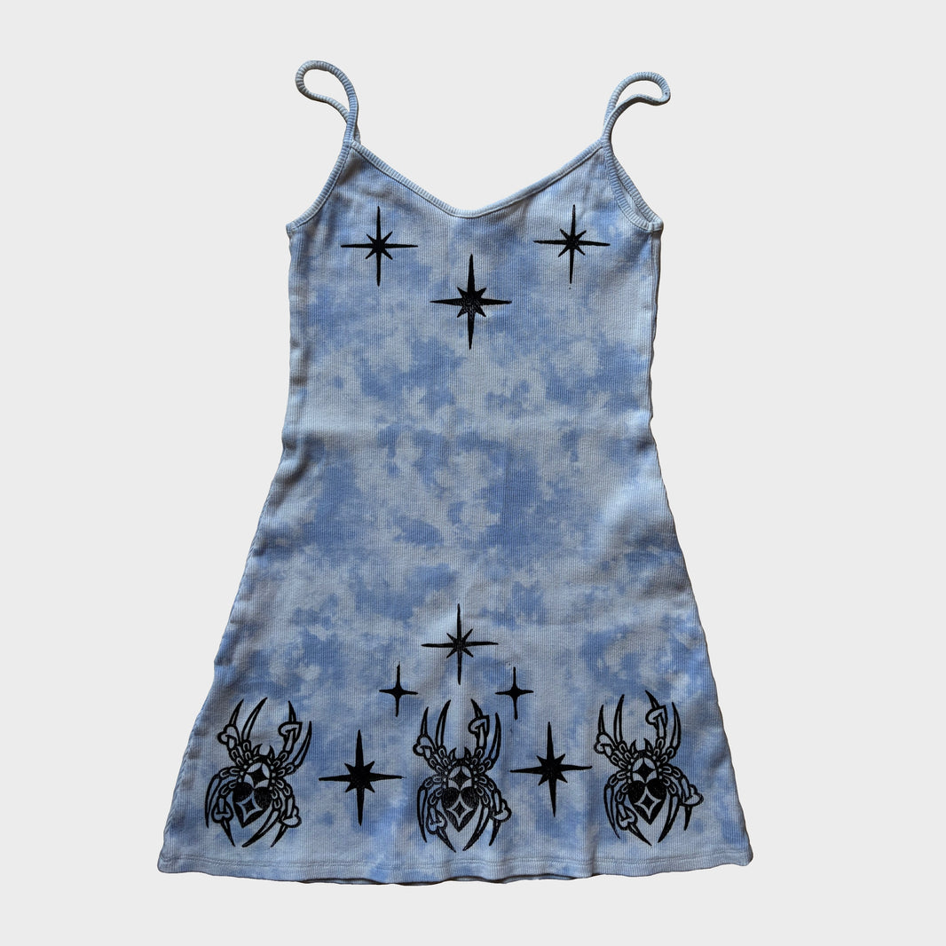 Scorpion & Spider Hand-Printed Blue Mini Dress – M