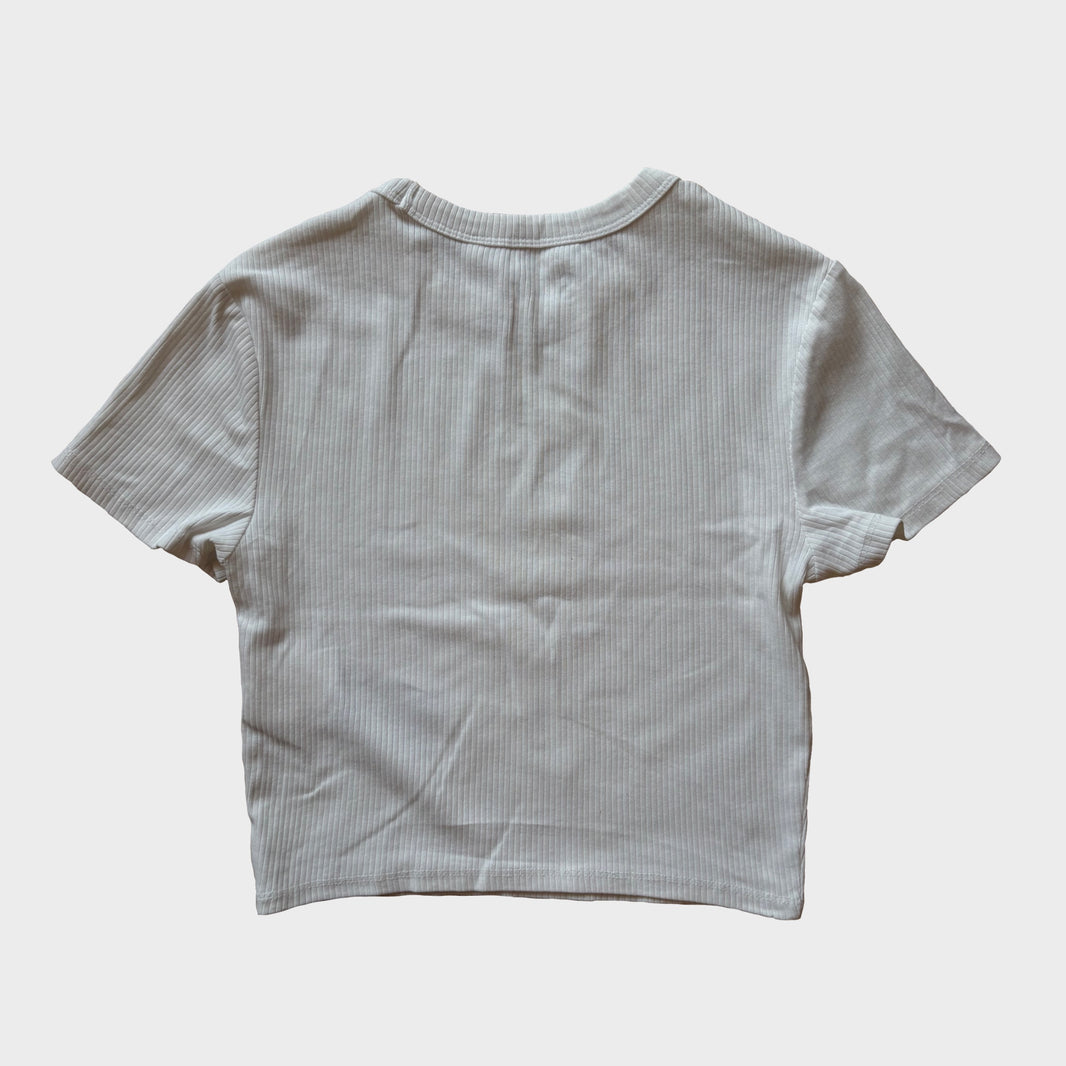 Heart & Scissors Hand-Printed White Crop Top – S