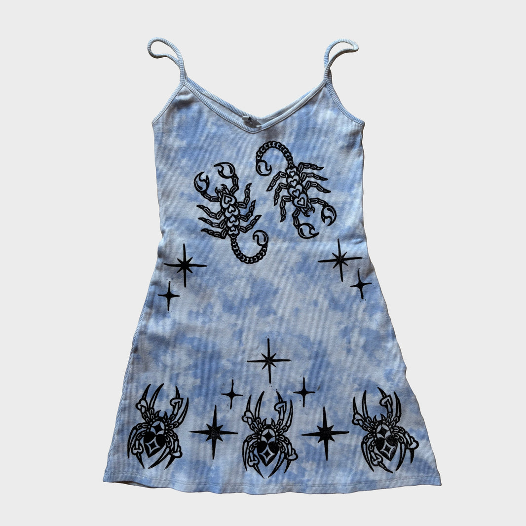 Scorpion & Spider Hand-Printed Blue Mini Dress – M