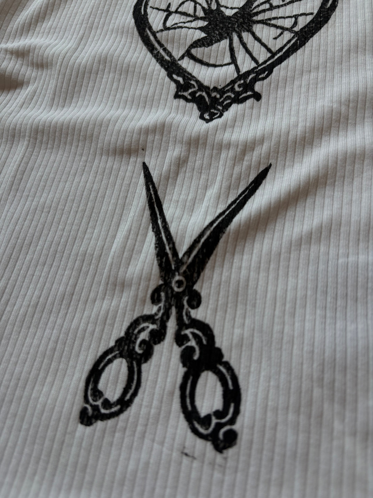 Heart & Scissors Hand-Printed White Crop Top – S