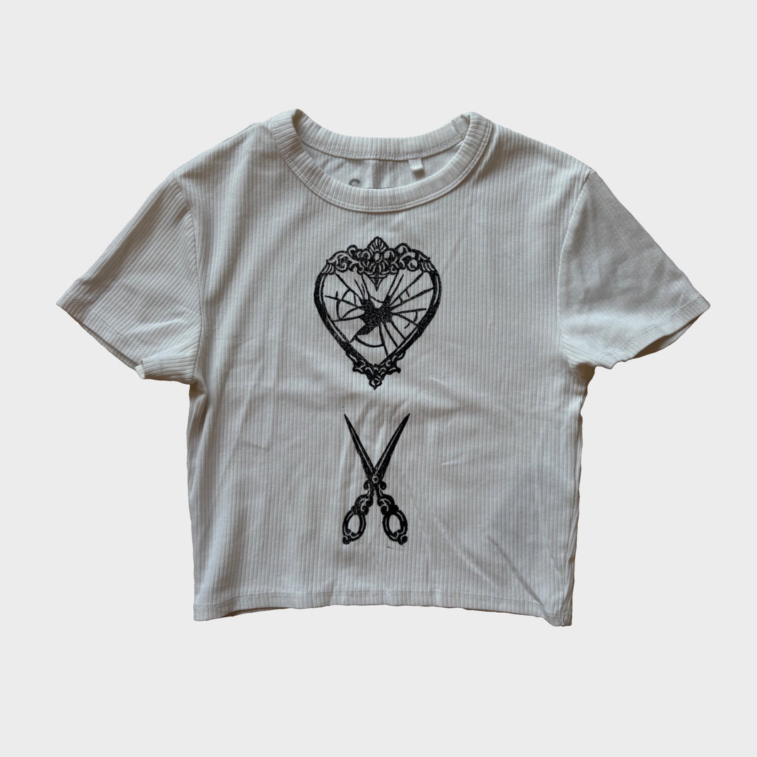 Heart & Scissors Hand-Printed White Crop Top – S