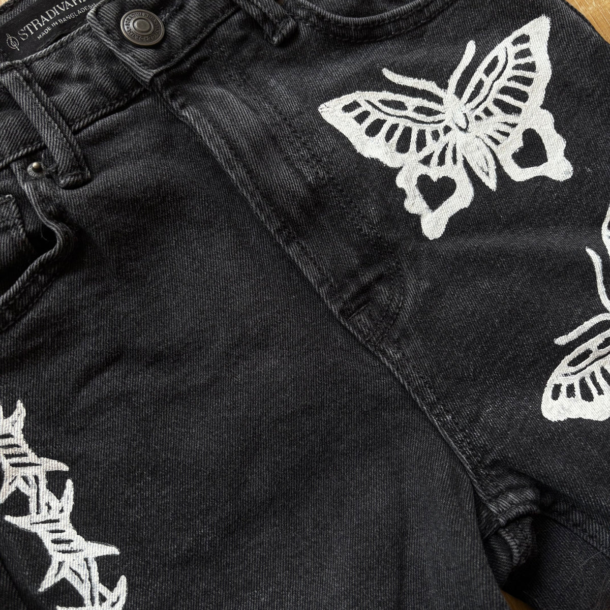 Butterfly Hand-Printed Black Jeans – XS