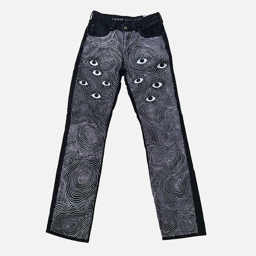 Trippy Eyes Hand-Painted Dark Grey Jeans – XS