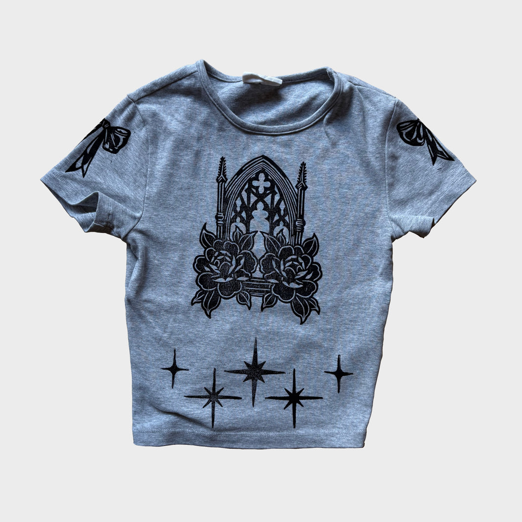 Cathedral Rose Hand-Printed Grey T-Shirt – XS