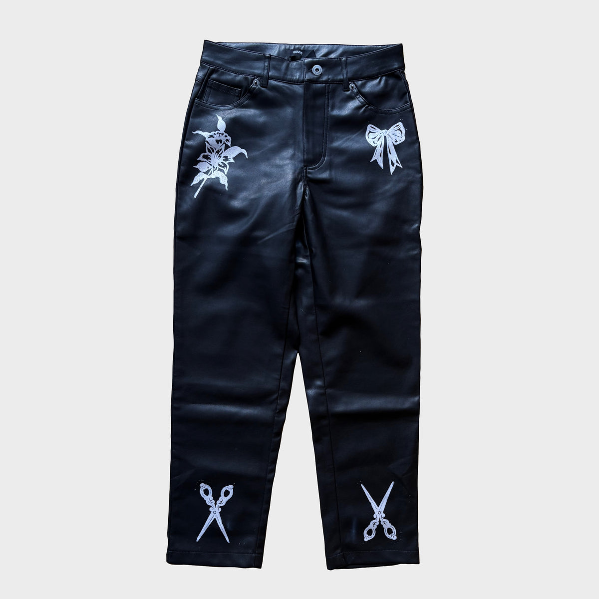 Lily, Bows & Scissors Hand-Printed Faux Leather Pants – EU 34