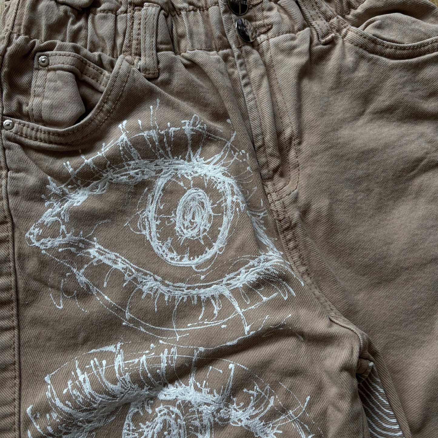 Eye Hand-Painted Beige Jeans – XS